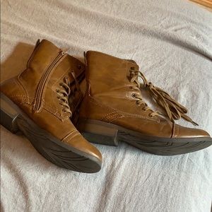 Brown synthetic leather combat boots